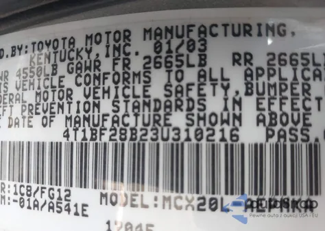 2003 Toyota Avalon Xl from USA, damaged, VIN 4T1BF28B23U310216